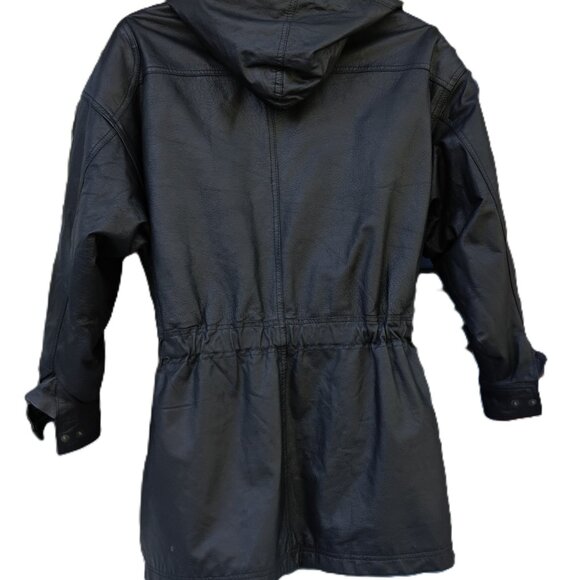 Vintage Comint Black Heavyweight Hooded Leather Coat Drawstring Waist M - Picture 3 of 9